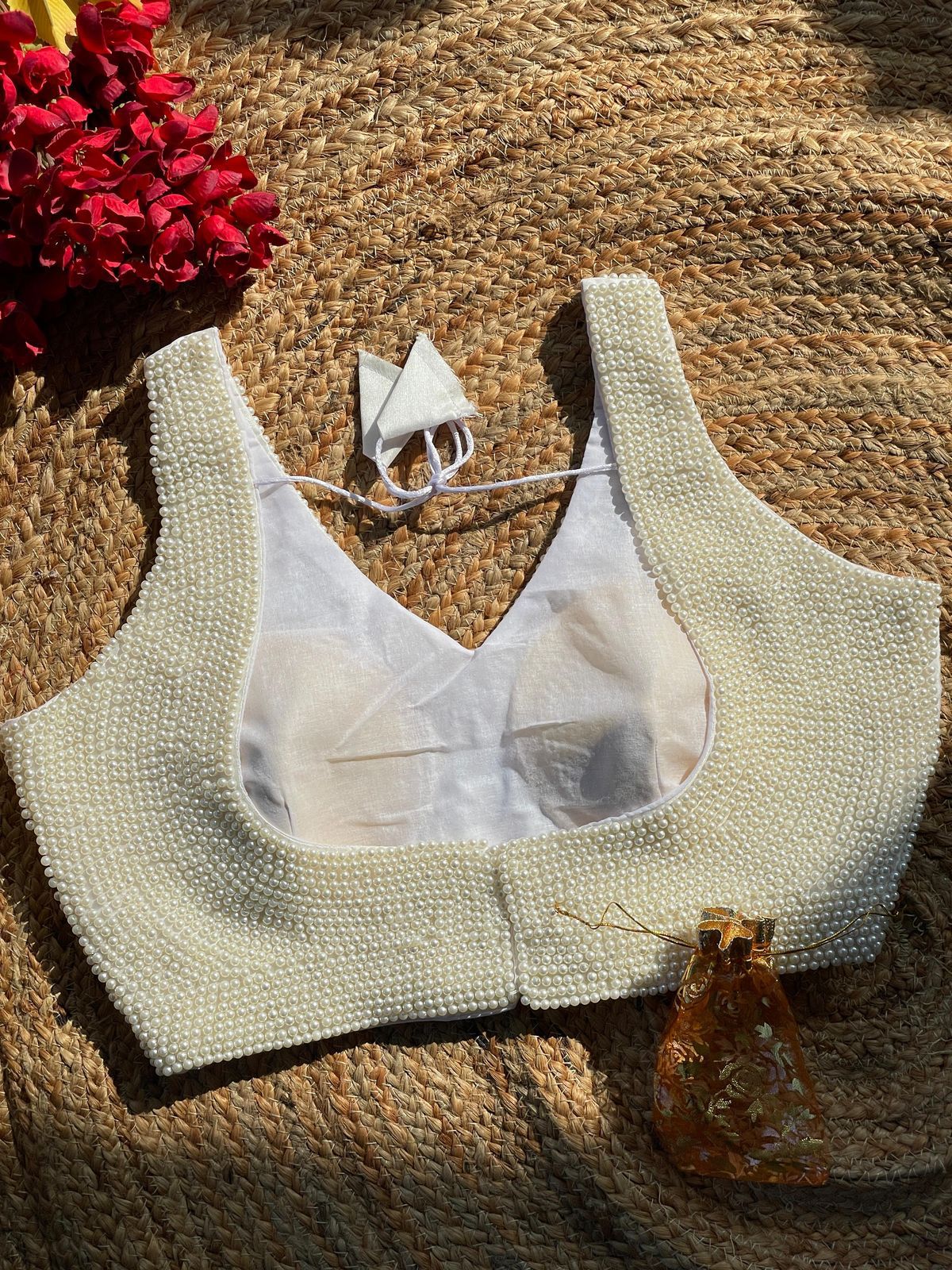 Cream Heavy Pure Silk Handcrafted SleevesLess Moti Blouse