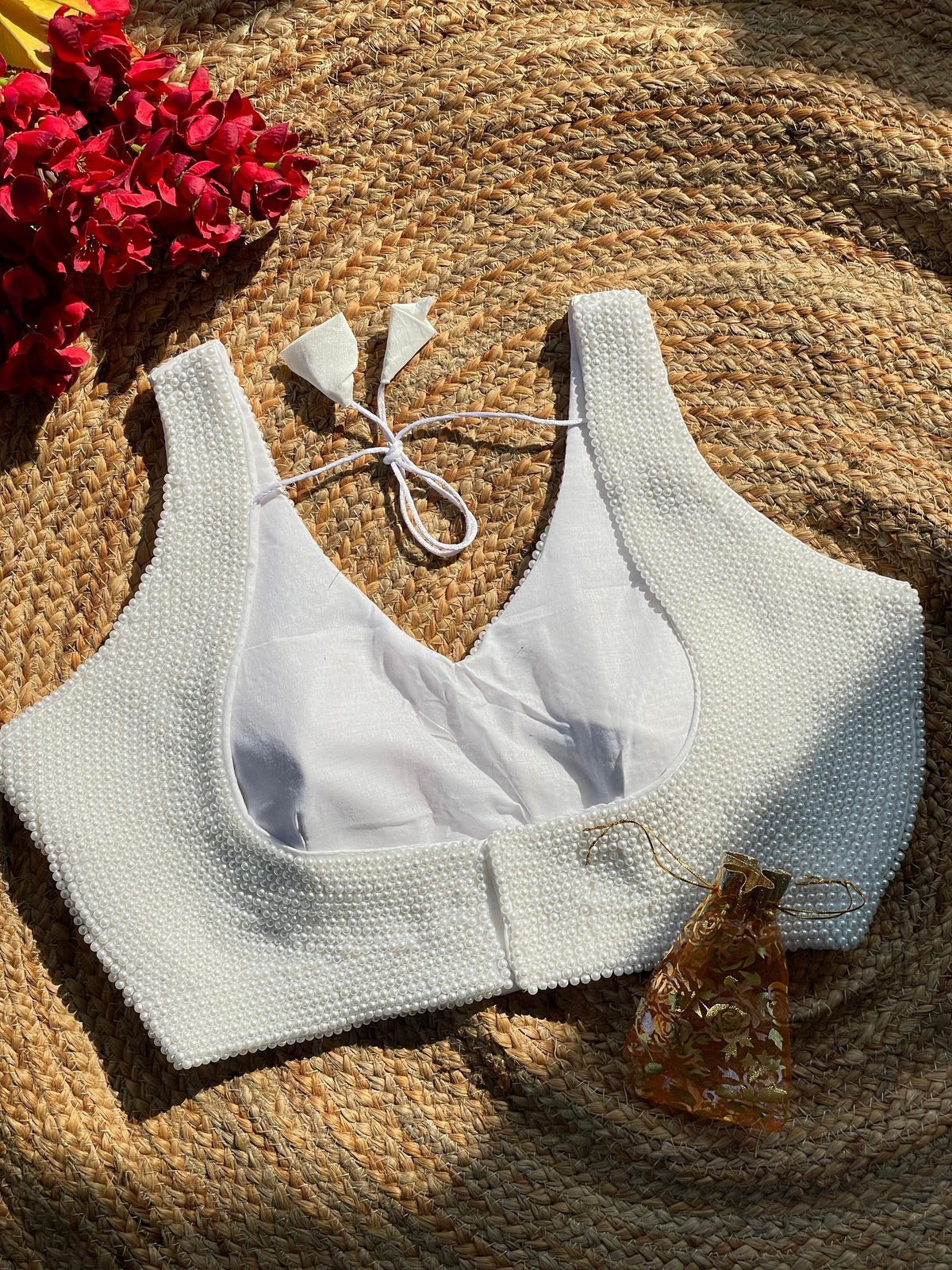 White Heavy Pure Silk Handcrafted SleevesLess Moti Blouse 