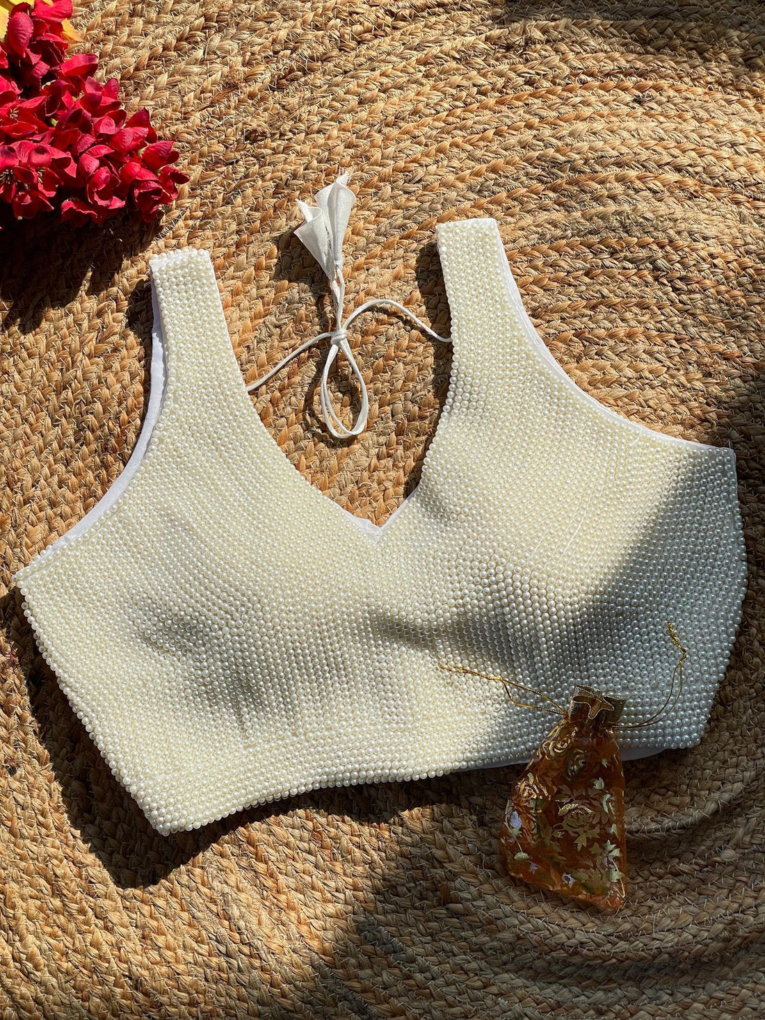 Cream Heavy Pure Silk Handcrafted SleevesLess Moti Blouse 