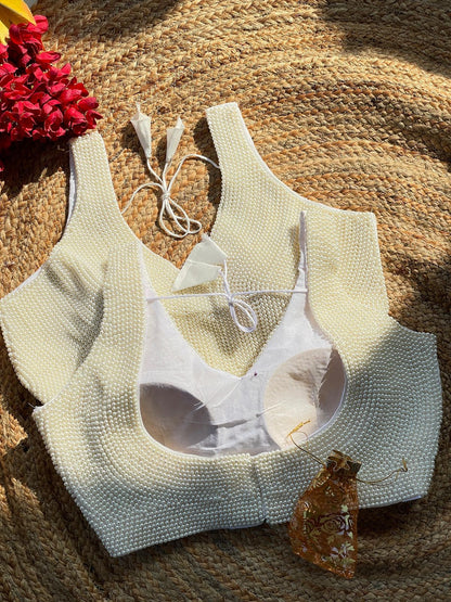 Cream Heavy Pure Silk Handcrafted SleevesLess Moti Blouse 