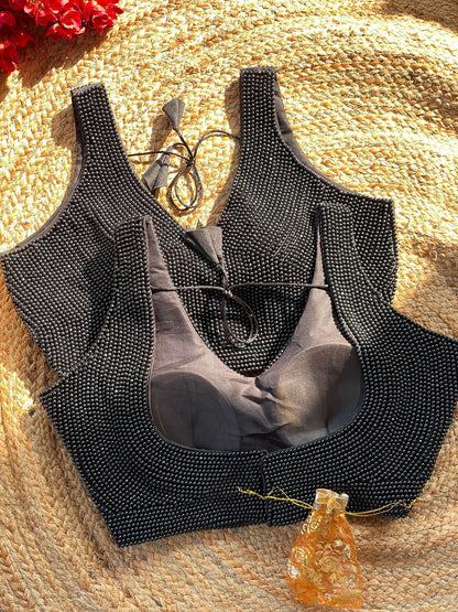 Black Heavy Pure Silk Handcrafted SleevesLess Moti Blouse 