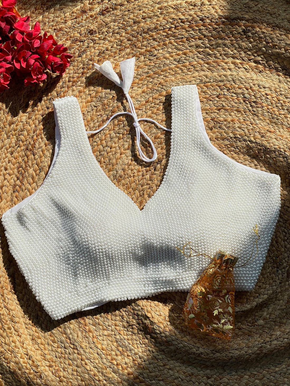 White Heavy Pure Silk Handcrafted SleevesLess Moti Blouse 