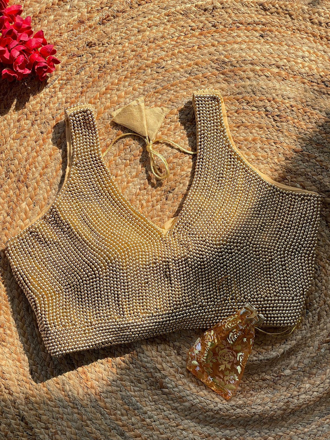 Golden Heavy Pure Silk Handcrafted SleevesLess Moti Blouse 