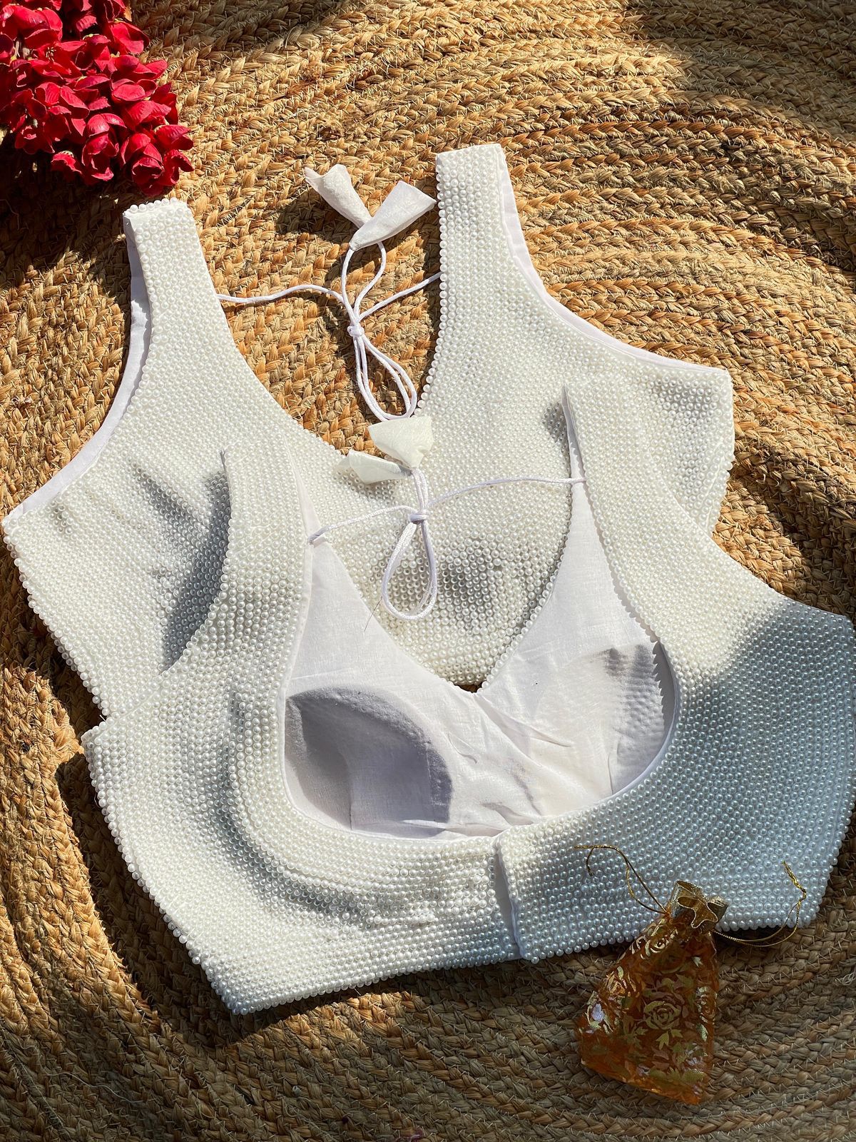 White Heavy Pure Silk Handcrafted SleevesLess Moti Blouse