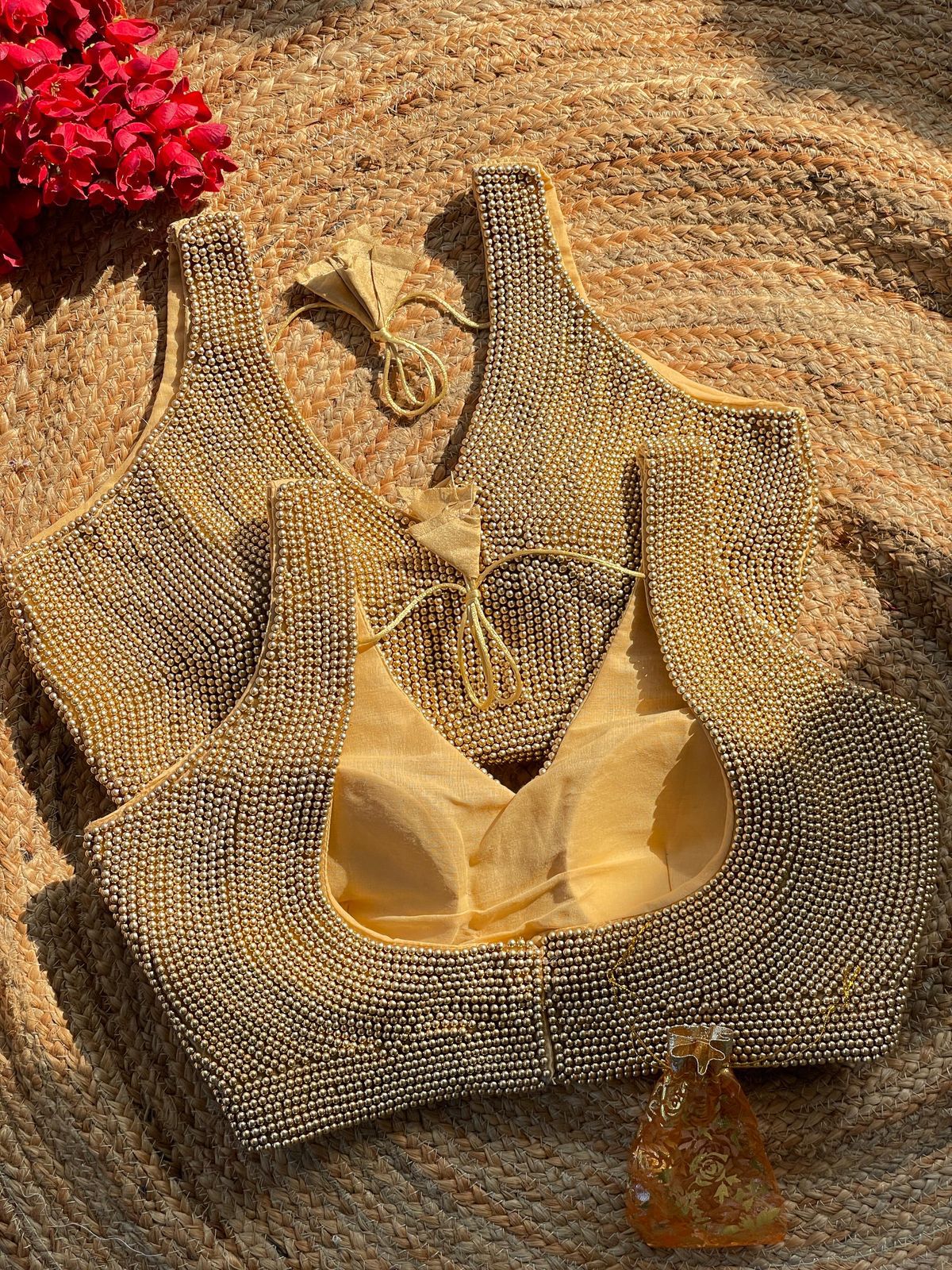 Golden Heavy Pure Silk Handcrafted SleevesLess Moti Blouse 