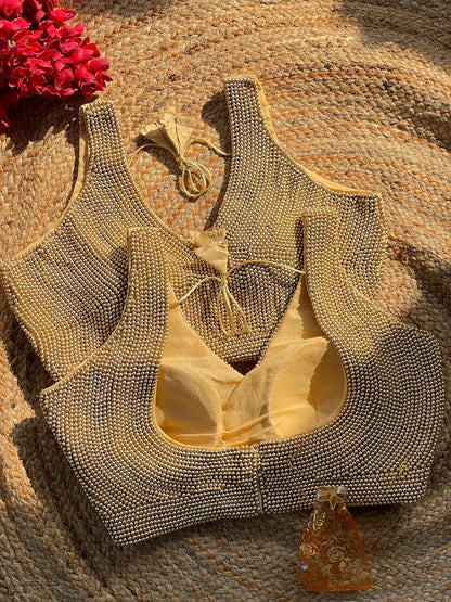Golden Heavy Pure Silk Handcrafted SleevesLess Moti Blouse 