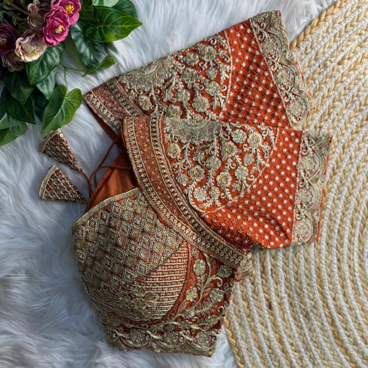 Readymade Pure Soft Roman Silk Madhubala Style Bridal Blouse ##color## Sleeveless Blouse with premium fabric and embroidery