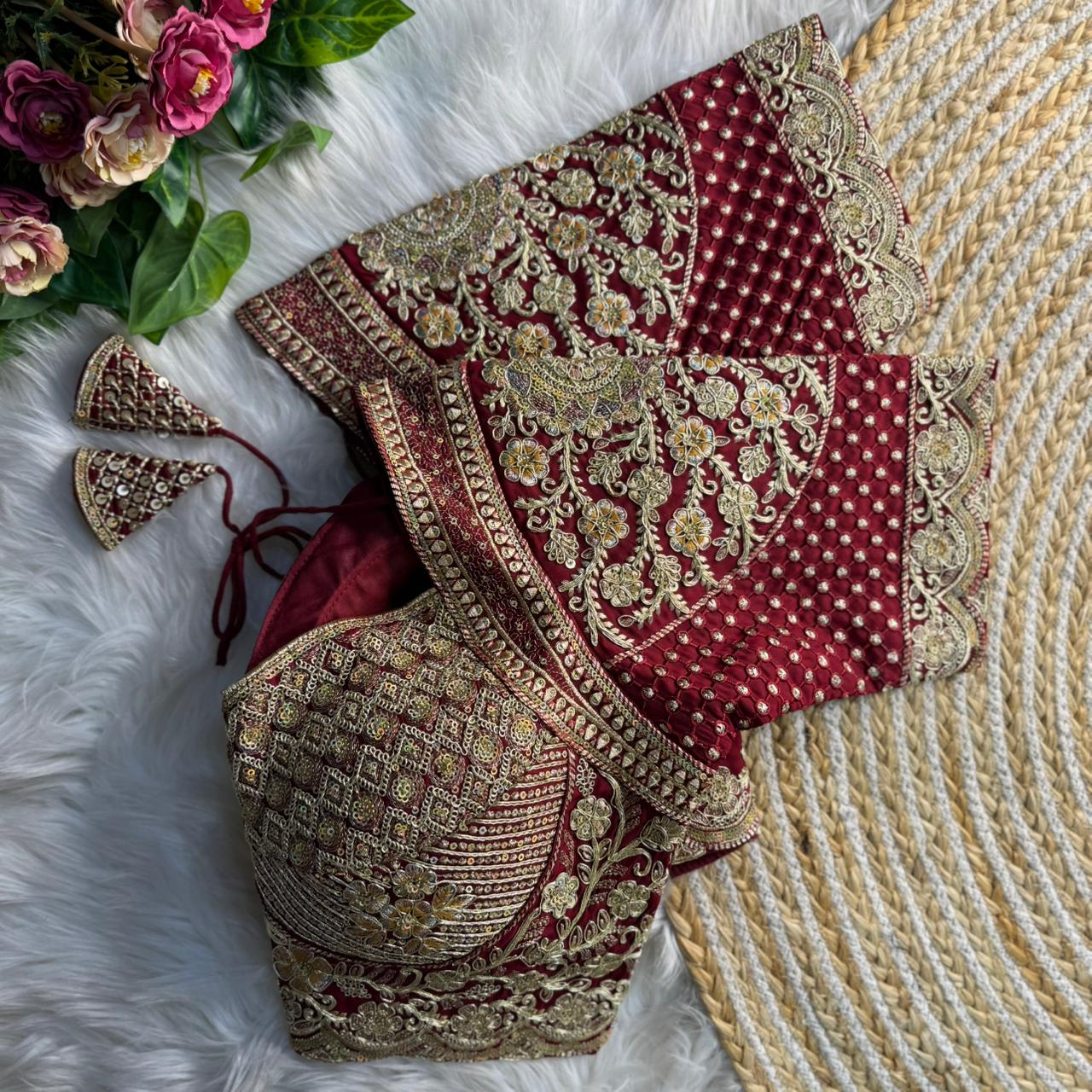 Readymade Pure Soft Roman Silk Madhubala Style Bridal Blouse ##color## Sleeveless Blouse with premium fabric and embroidery