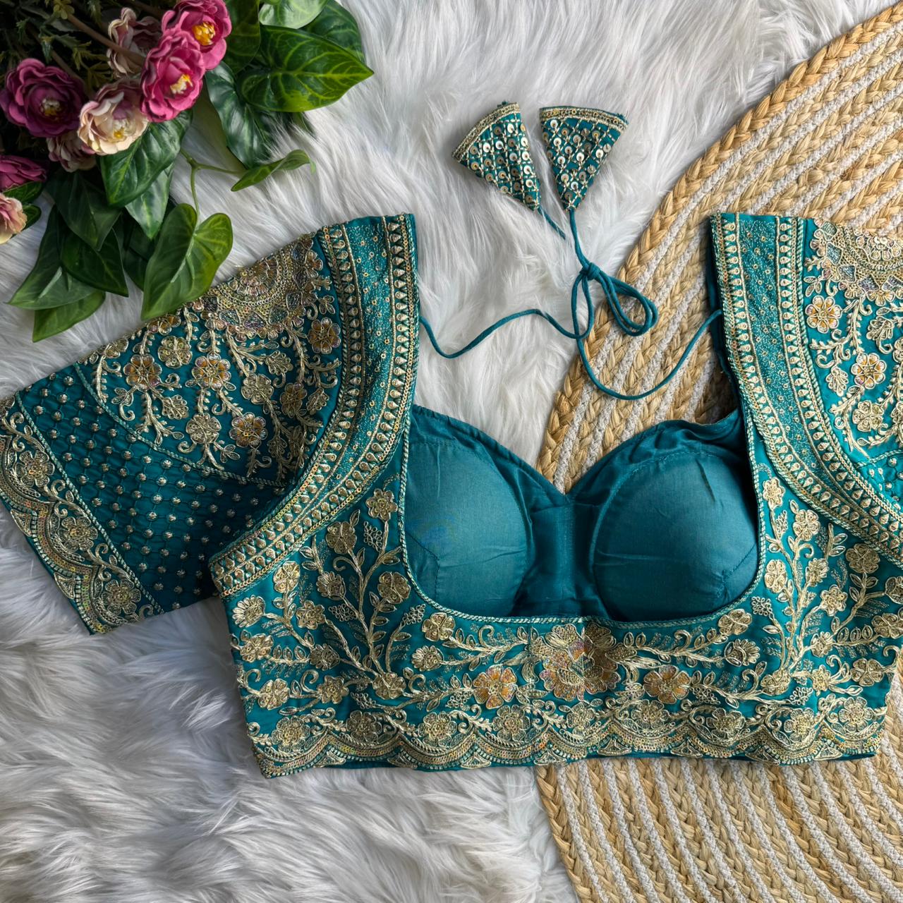 Readymade Pure Soft Roman Silk Madhubala Style Bridal Blouse ##color## Sleeveless Blouse with premium fabric and embroidery