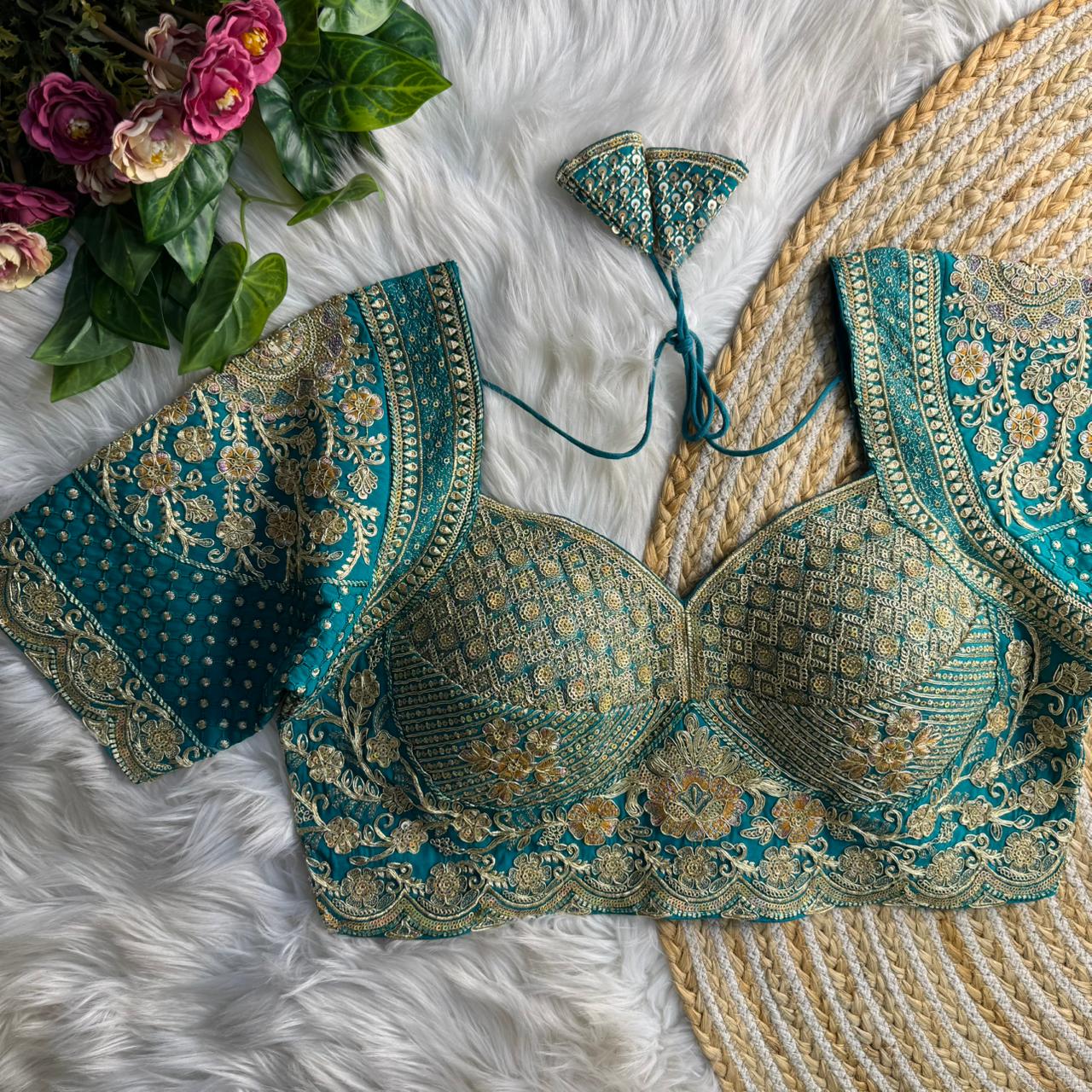 Readymade Pure Soft Roman Silk Madhubala Style Bridal Blouse ##color## Sleeveless Blouse with premium fabric and embroidery