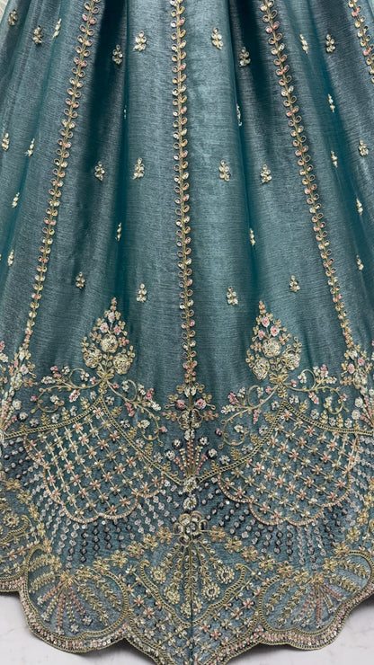 Firozi Pure Soft Net Heavy Embroidery Work Bridal Lehenga