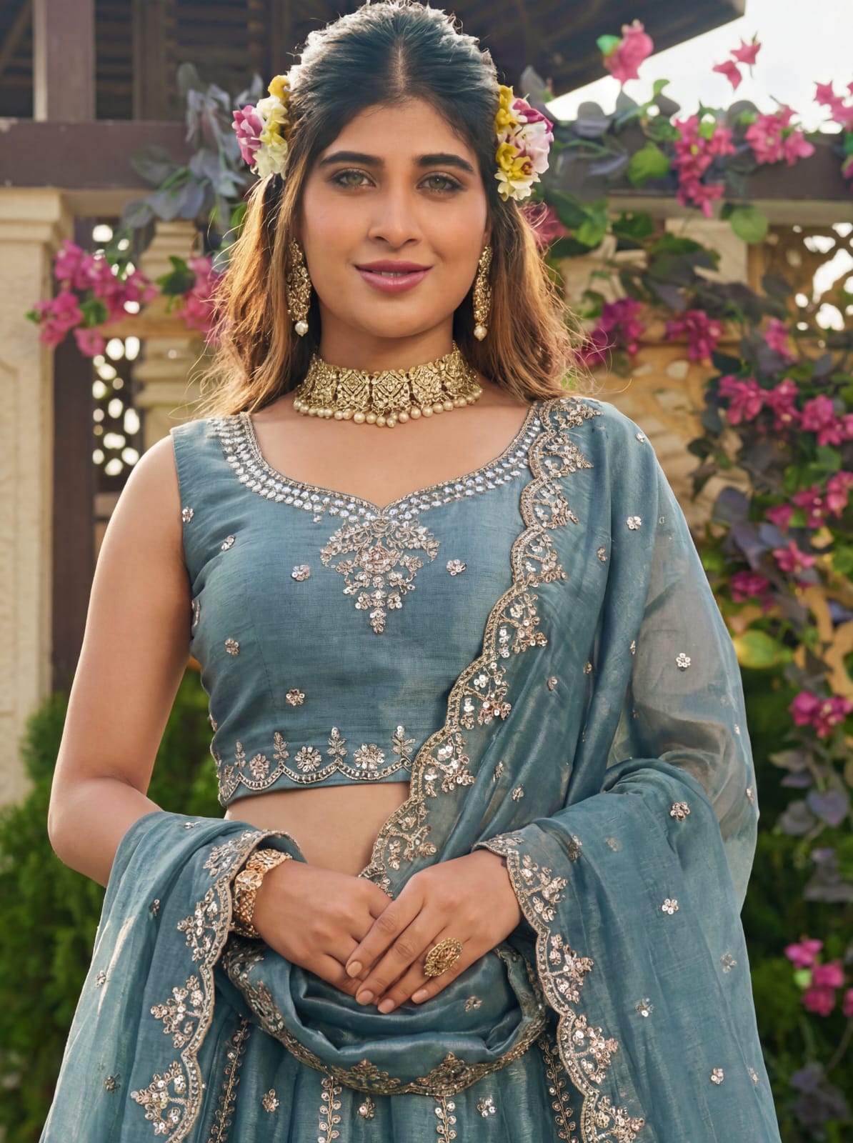 Firozi Pure Soft Net Heavy Embroidery Work Bridal Lehenga