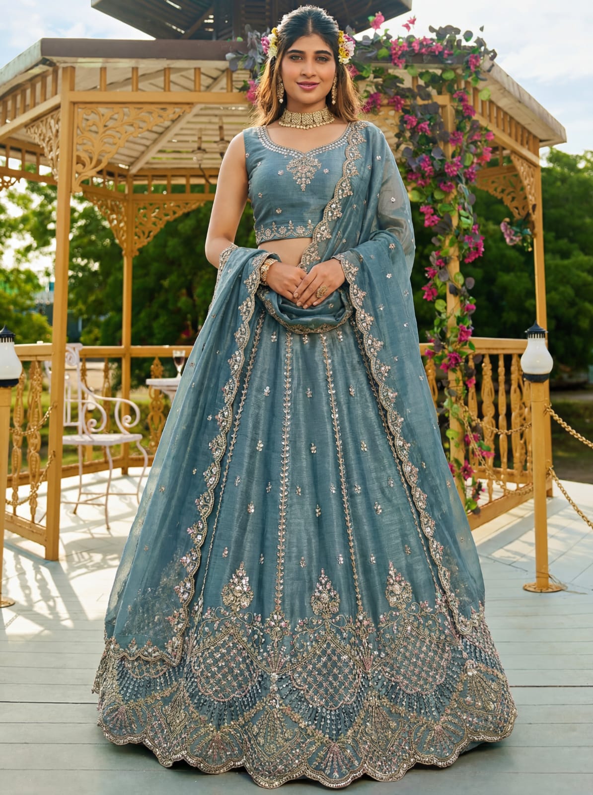 Firozi Pure Soft Net Heavy Embroidery Work Bridal Lehenga