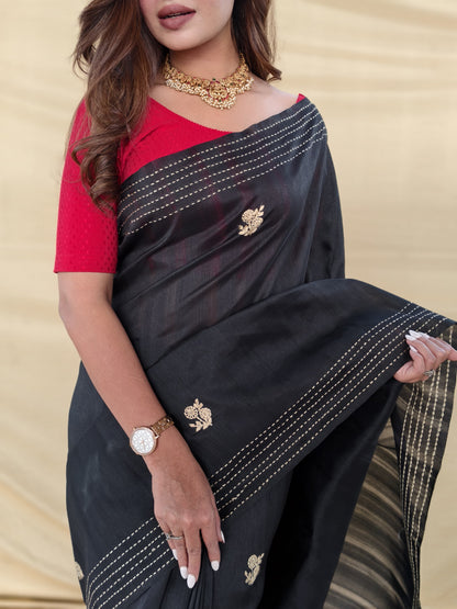 Black Pure Matka Silk Floral Butti Embroidery Silk Saree 