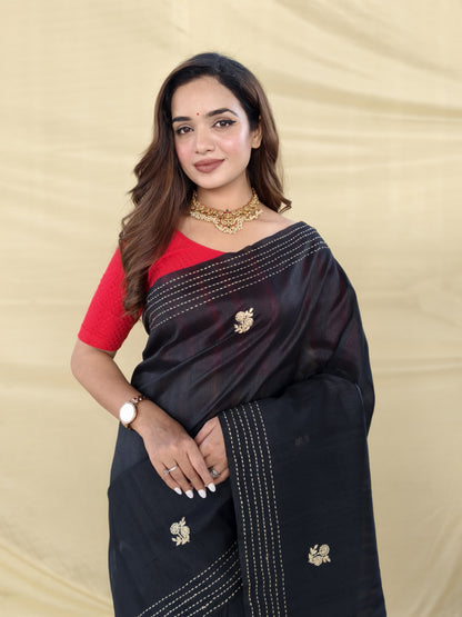 Black Pure Matka Silk Floral Butti Embroidery Silk Saree 