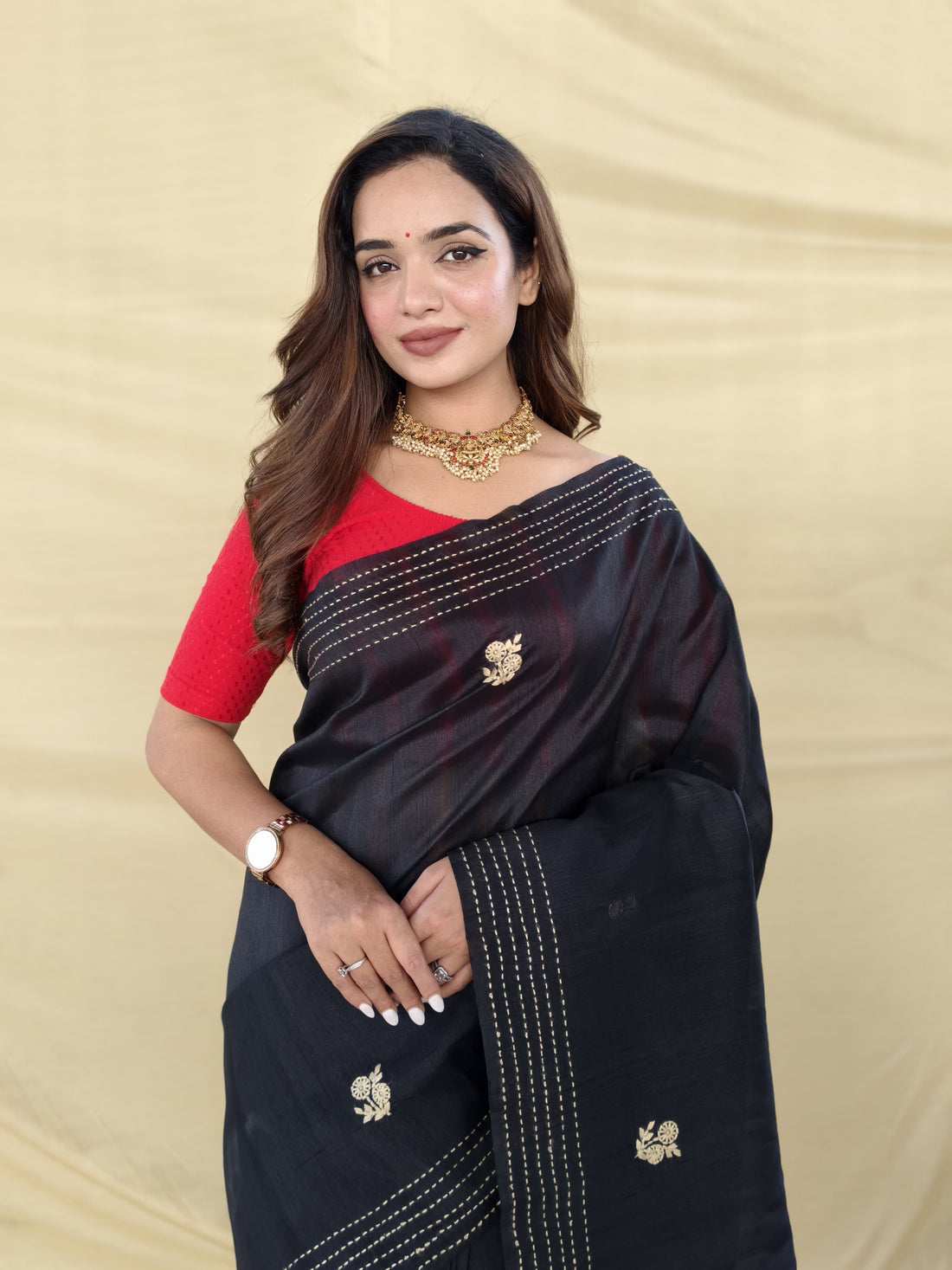 Black Pure Matka Silk Floral Butti Embroidery Silk Saree 