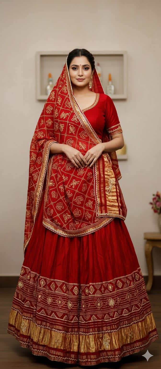 Red Pure Modal Gajji Silk Rajsthani Lehenga Choli ##color## Gharchola Lehenga Choli with premium fabric and embroidery