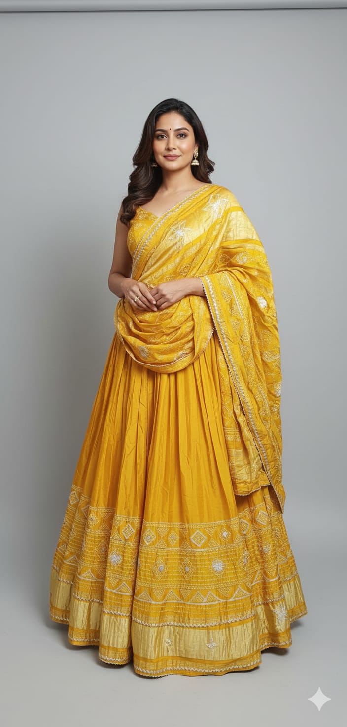 Yellow Pure Modal Gajji Silk Rajsthani Lehenga Choli ##color## Gharchola Lehenga Choli with premium fabric and embroidery