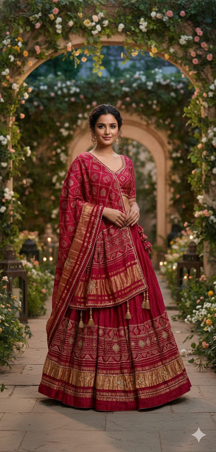 Maroon Pure Modal Gajji Silk Rajsthani Lehenga Choli ##color## Gharchola Lehenga Choli with premium fabric and embroidery