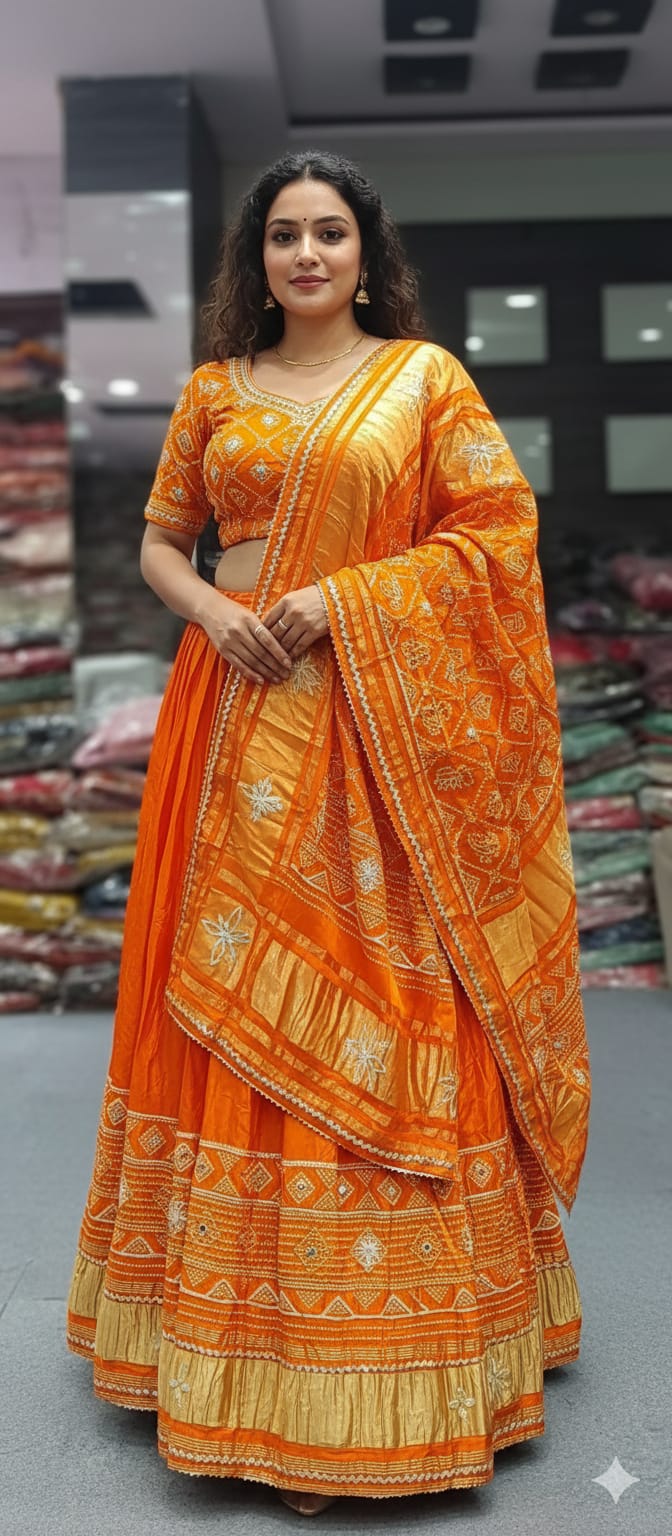 Orange Pure Modal Gajji Silk Rajsthani Lehenga Choli ##color## Gharchola Lehenga Choli with premium fabric and embroidery