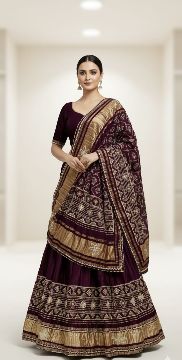 Wine Pure Modal Gajji Silk Rajsthani Lehenga Choli ##color## Gharchola Lehenga Choli with premium fabric and embroidery