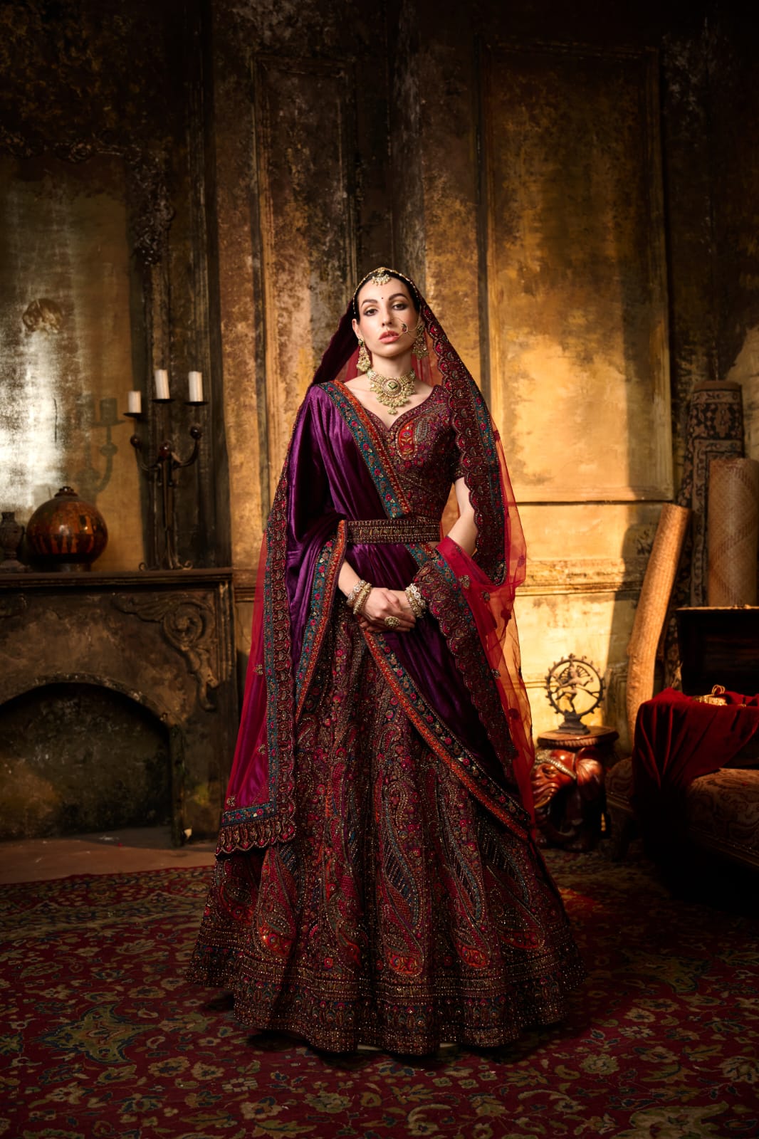 Purple &amp; Wine Royal Bridal Lehenga with Heavy Paisley Zari Embroidery