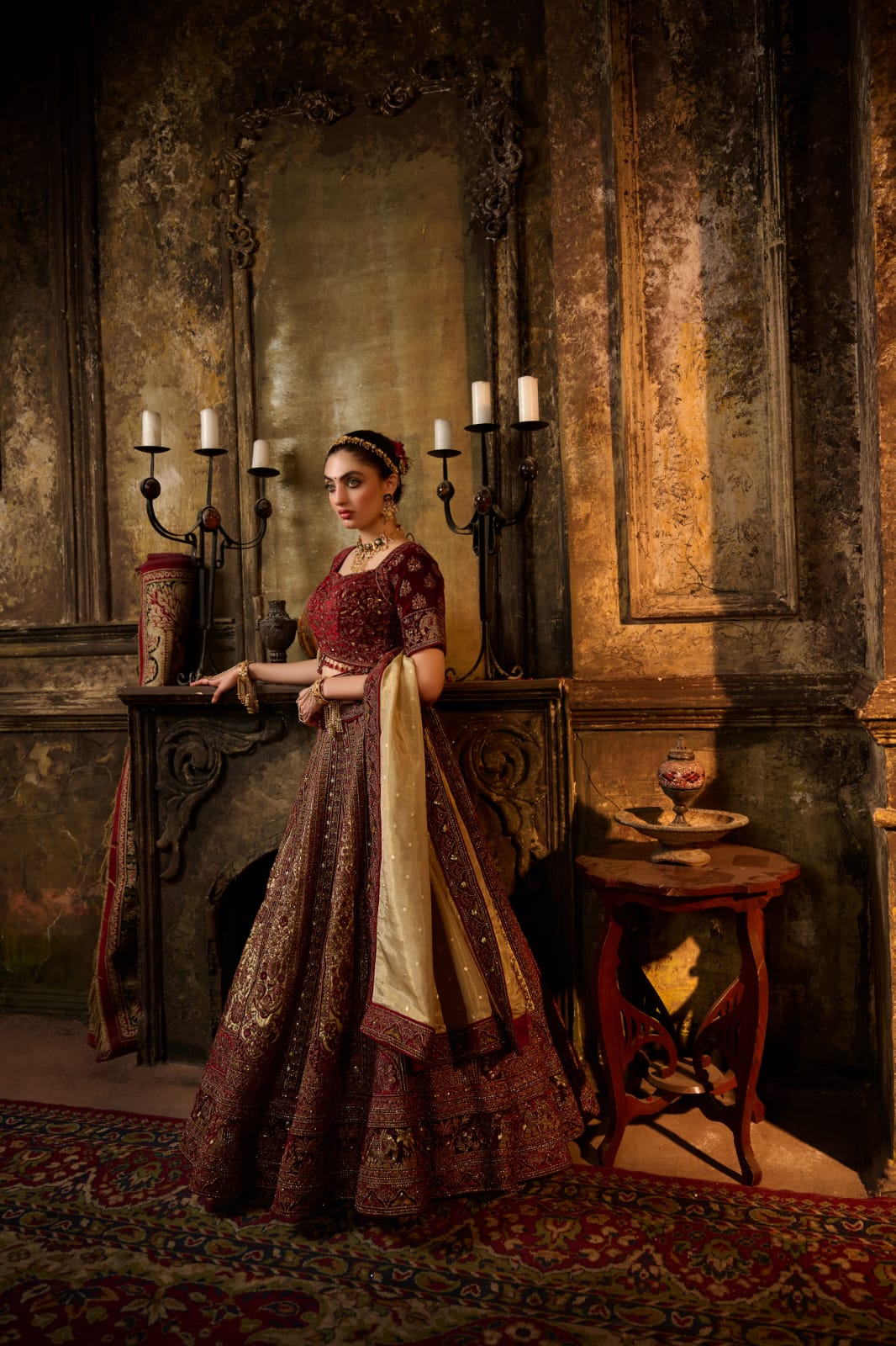 Red &amp; Antique Gold Royal Bridal Lehenga with Thread &amp; Zari Embroidery