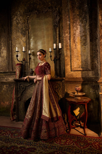 Red &amp; Antique Gold Royal Bridal Lehenga with Thread &amp; Zari Embroidery