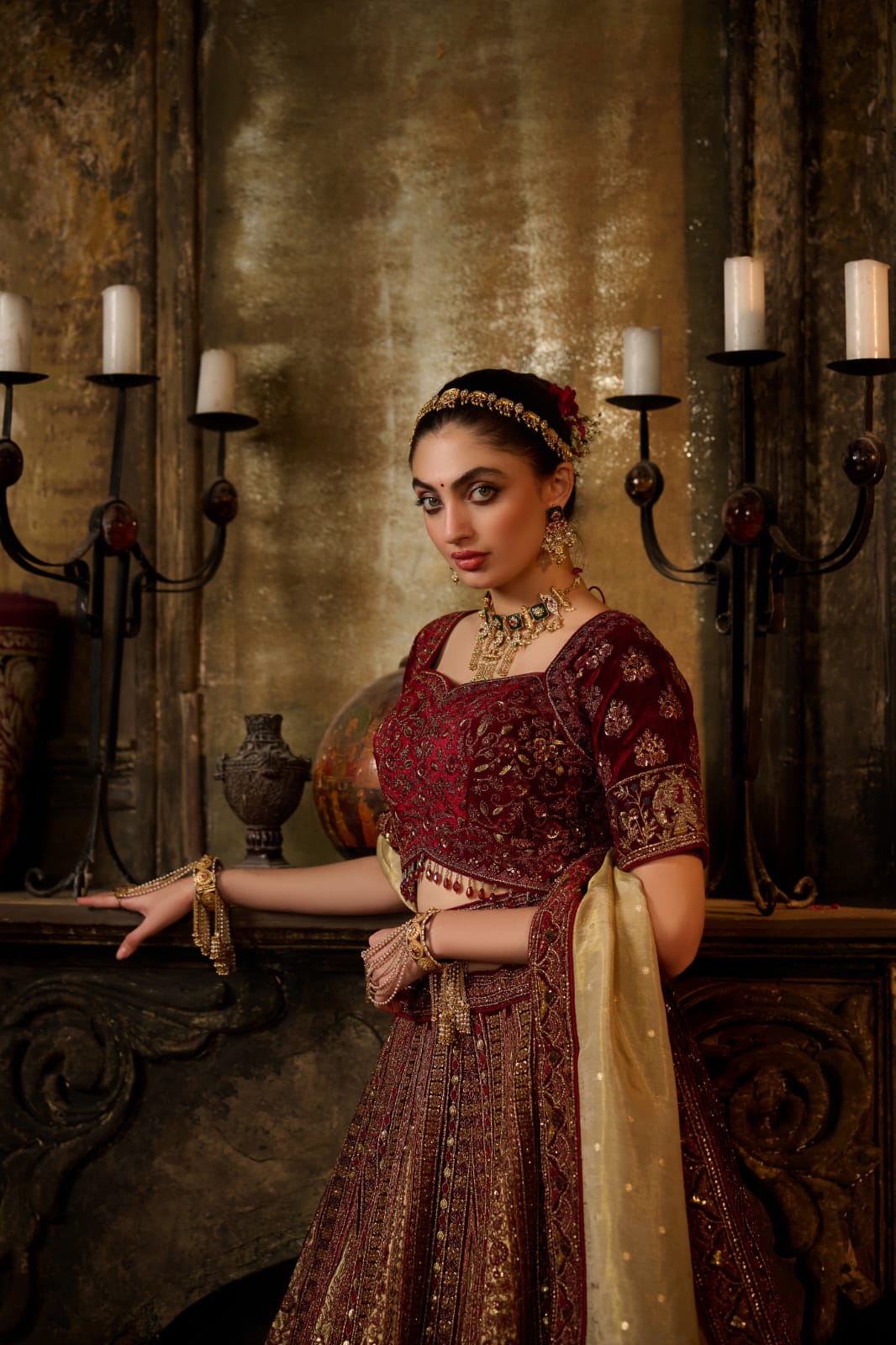 Red &amp; Antique Gold Royal Bridal Lehenga with Thread &amp; Zari Embroidery