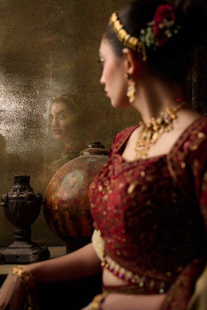 Red &amp; Antique Gold Royal Bridal Lehenga with Thread &amp; Zari Embroidery