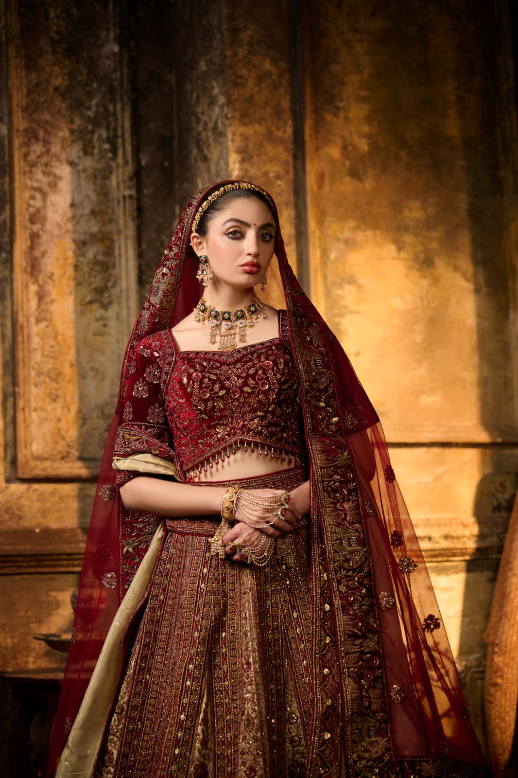 Red &amp; Antique Gold Royal Bridal Lehenga with Thread &amp; Zari Embroidery