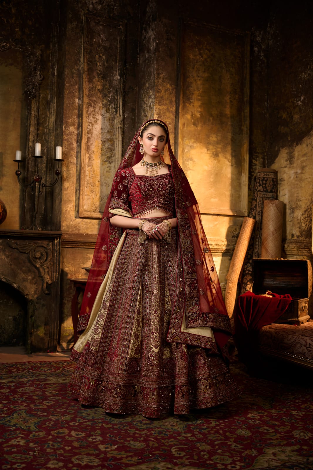 Red &amp; Antique Gold Royal Bridal Lehenga with Thread &amp; Zari Embroidery