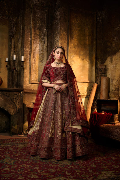 Red &amp; Antique Gold Royal Bridal Lehenga with Thread &amp; Zari Embroidery