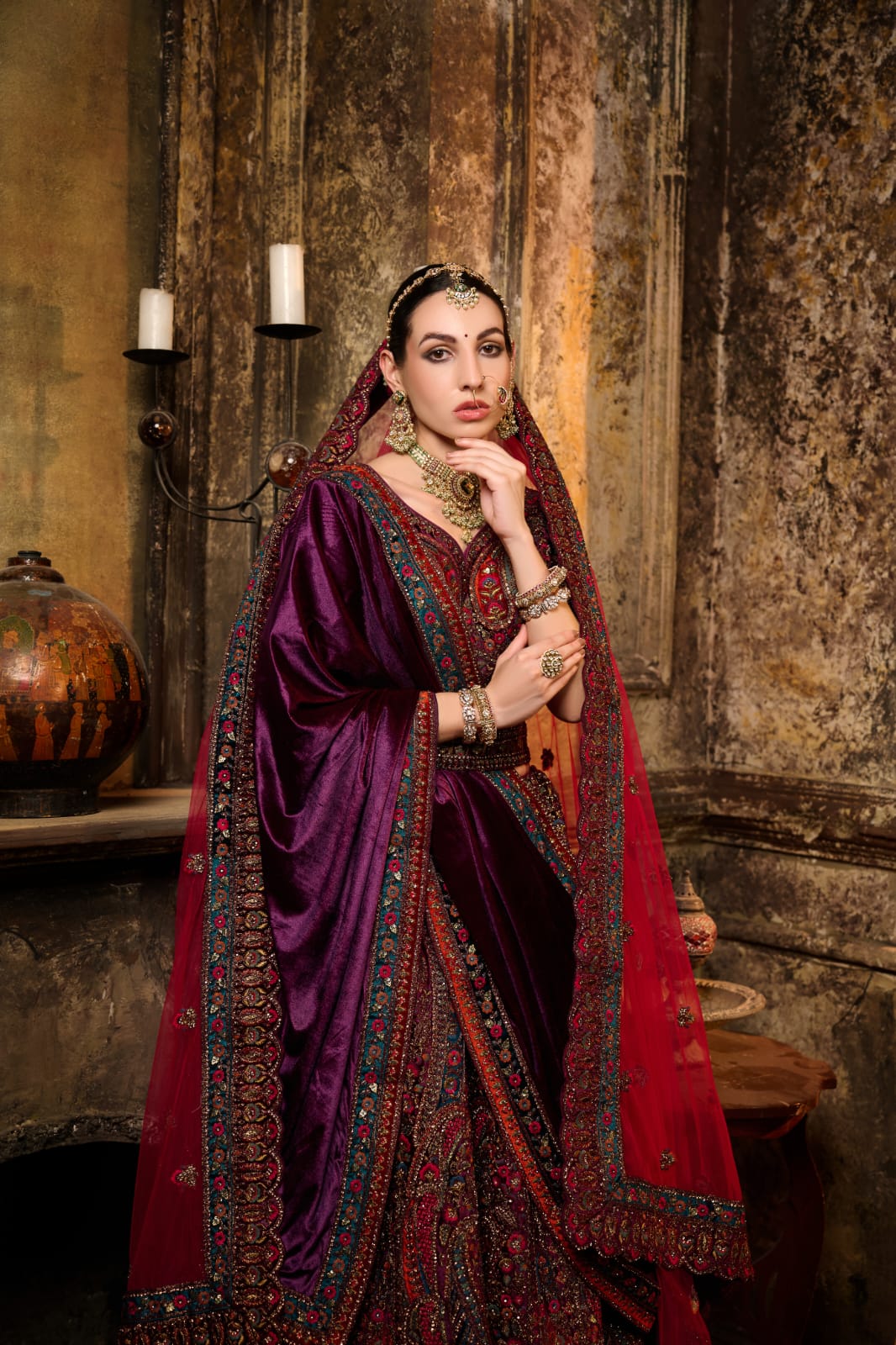 Purple &amp; Wine Royal Bridal Lehenga with Heavy Paisley Zari Embroidery