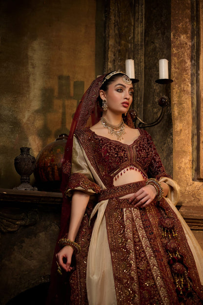 Burgundy &amp; Champagne Gold Bridal Lehenga with Zardozi Embroidery