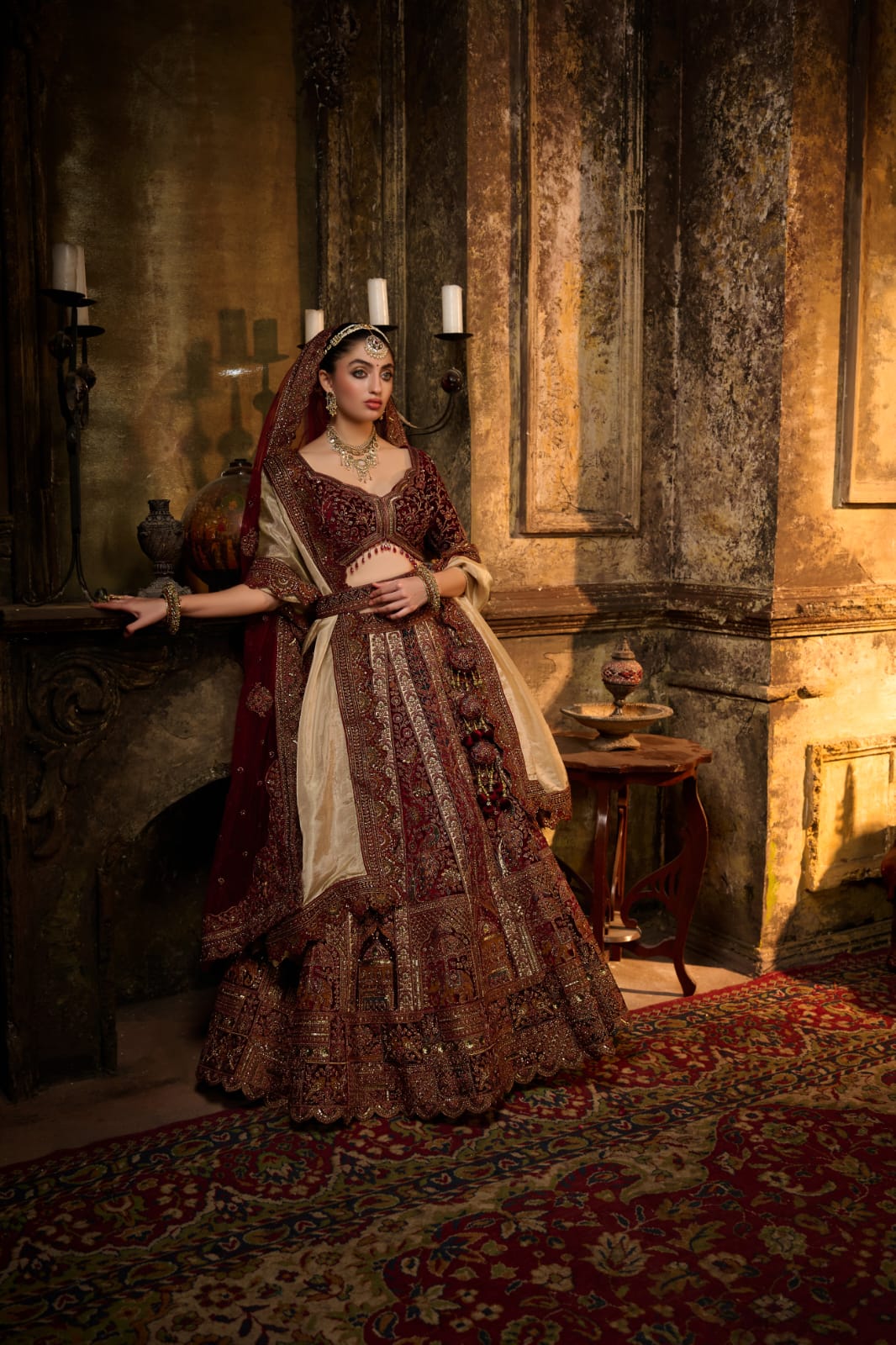 Burgundy &amp; Champagne Gold Bridal Lehenga with Zardozi Embroidery