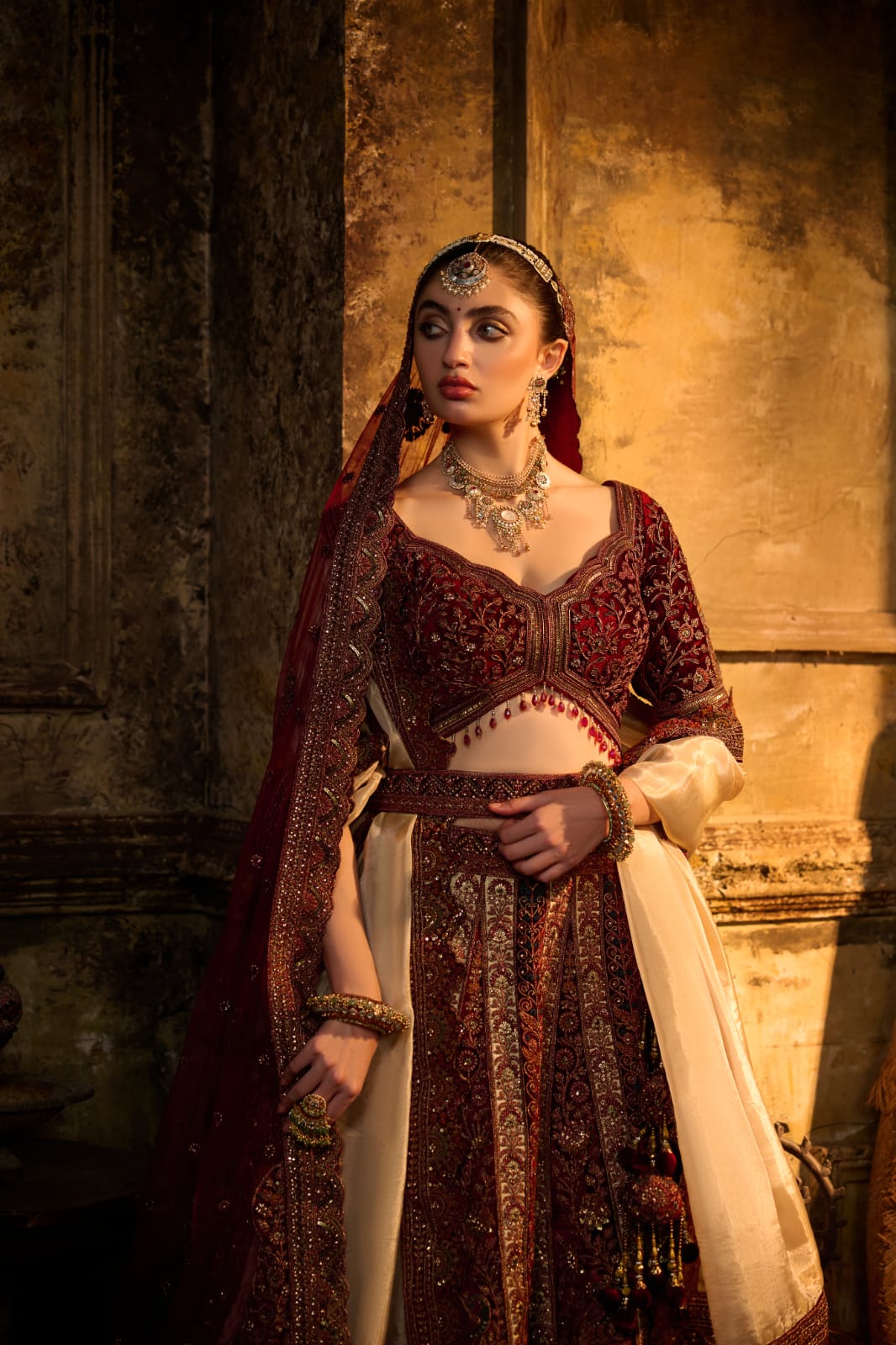 Burgundy &amp; Champagne Gold Bridal Lehenga with Zardozi Embroidery