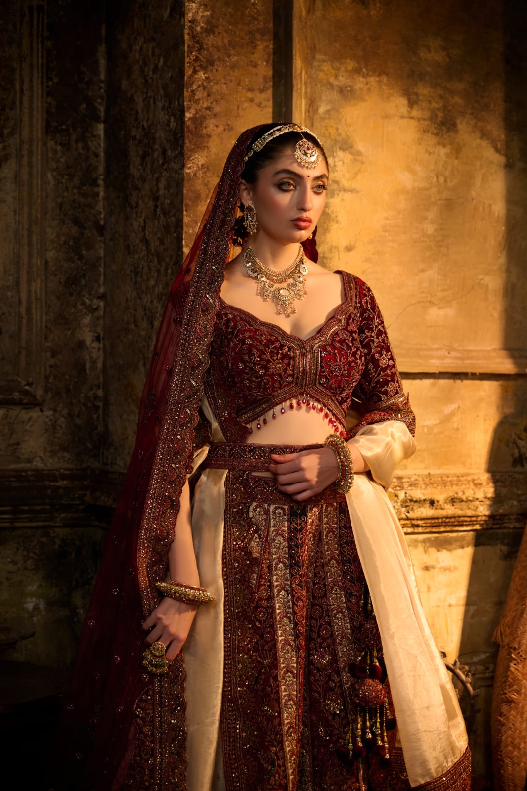 Burgundy & Champagne Gold Bridal Lehenga with Zardozi Embroidery