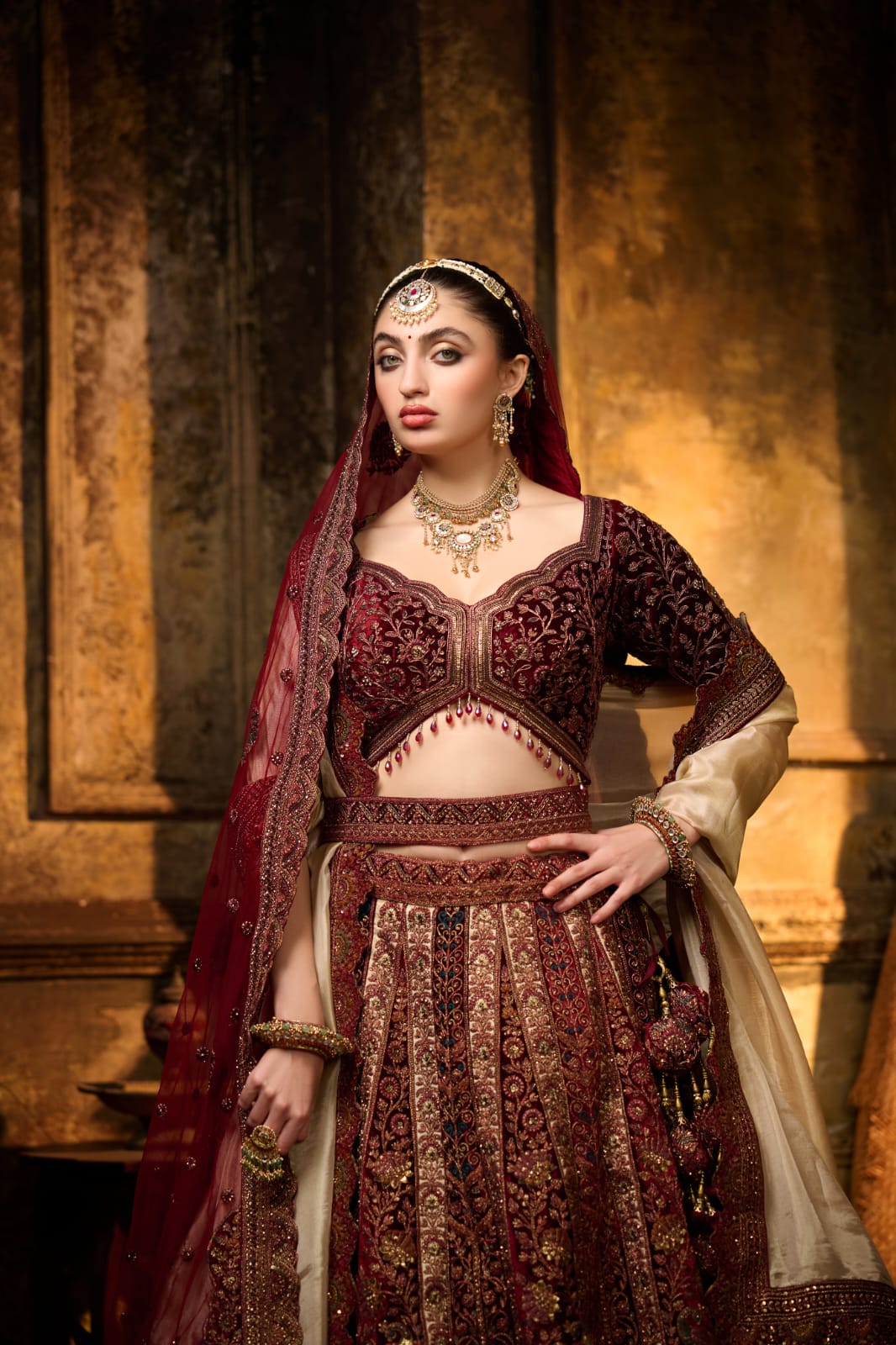 Burgundy &amp; Champagne Gold Bridal Lehenga with Zardozi Embroidery
