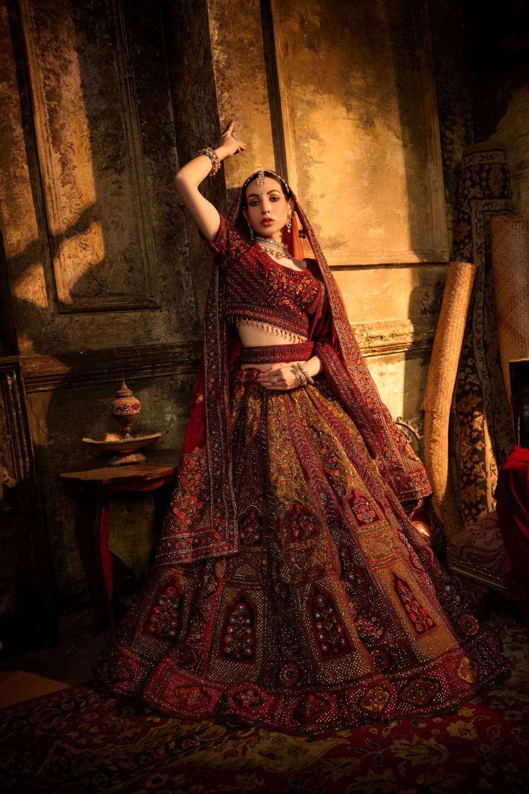 Deep Crimson Multicolor Embroidered Bridal Lehenga with Motif Work