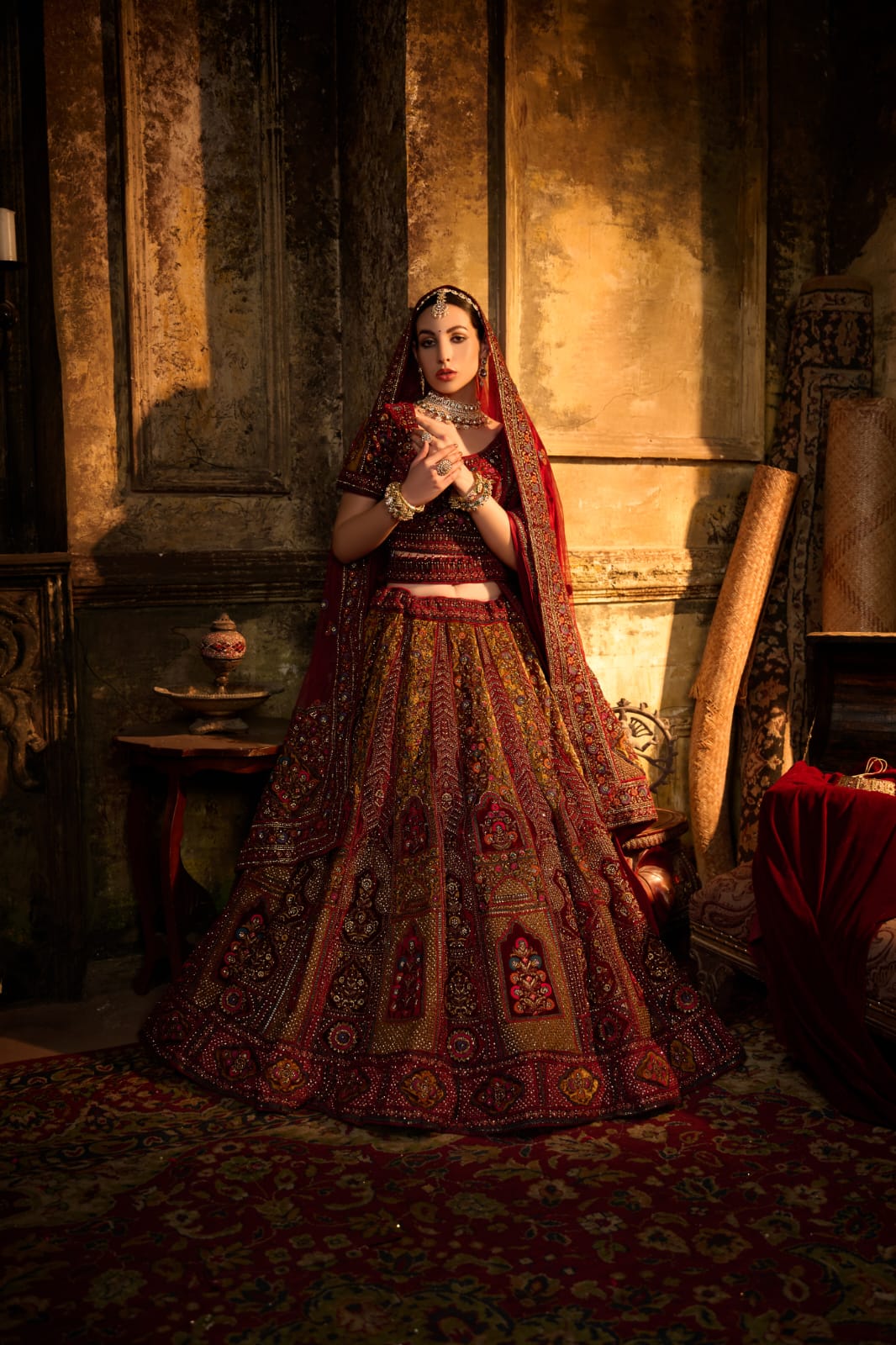 Deep Crimson Multicolor Embroidered Bridal Lehenga with Motif Work