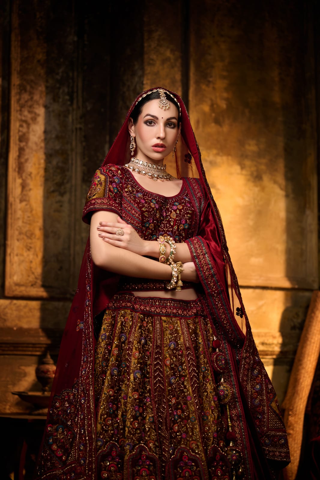 Deep Crimson Multicolor Embroidered Bridal Lehenga with Motif Work