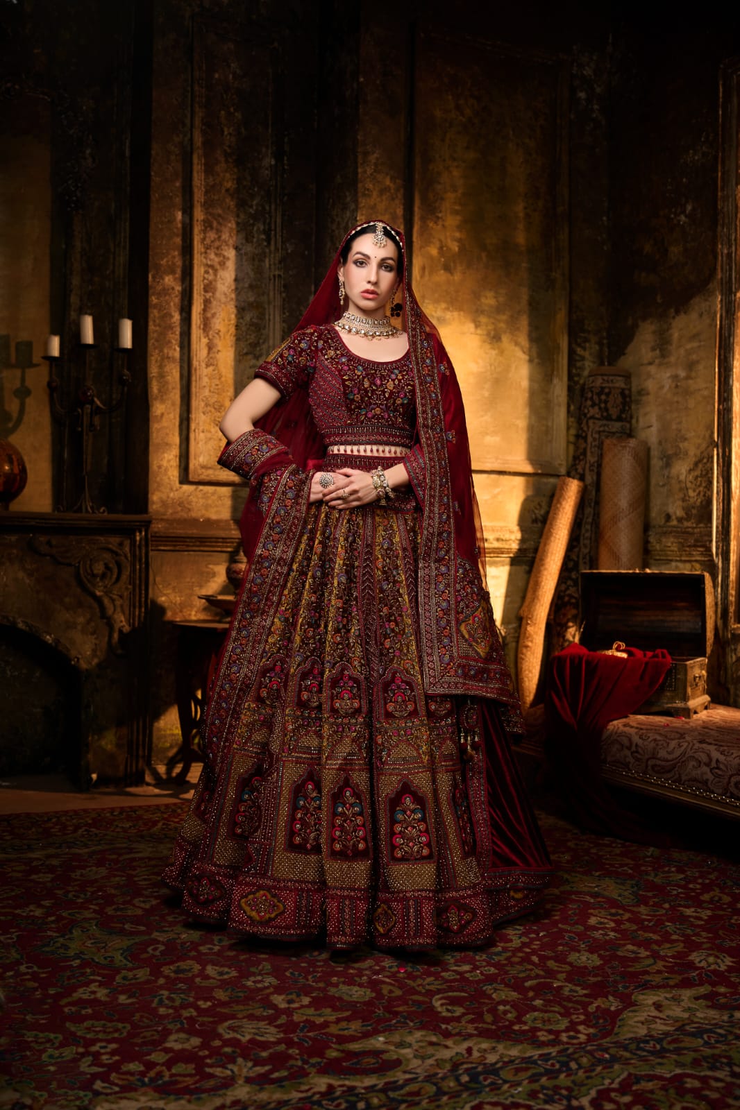 Deep Crimson Multicolor Embroidered Bridal Lehenga with Motif Work