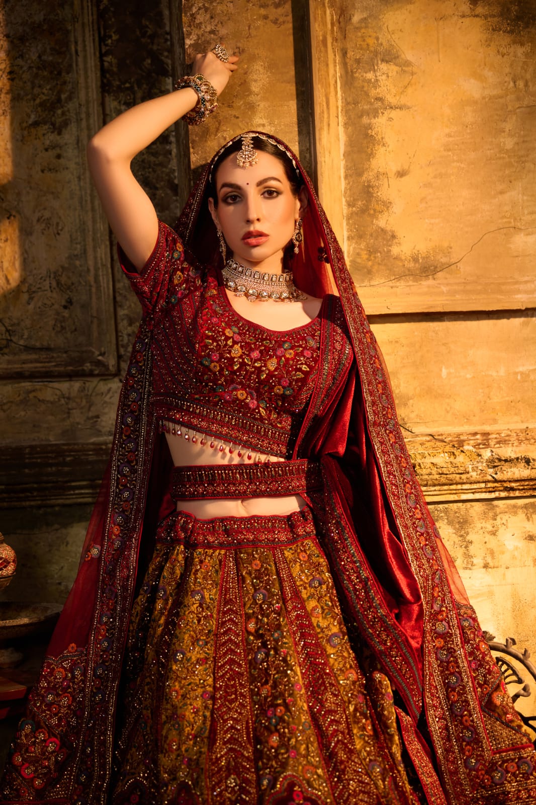 Deep Crimson Multicolor Embroidered Bridal Lehenga with Motif Work