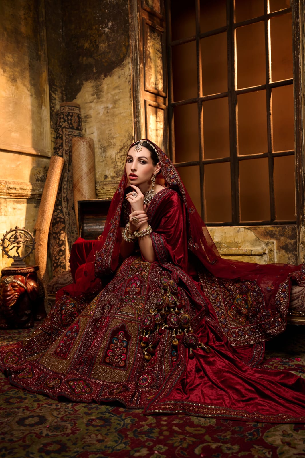 Deep Crimson Multicolor Embroidered Bridal Lehenga with Motif Work