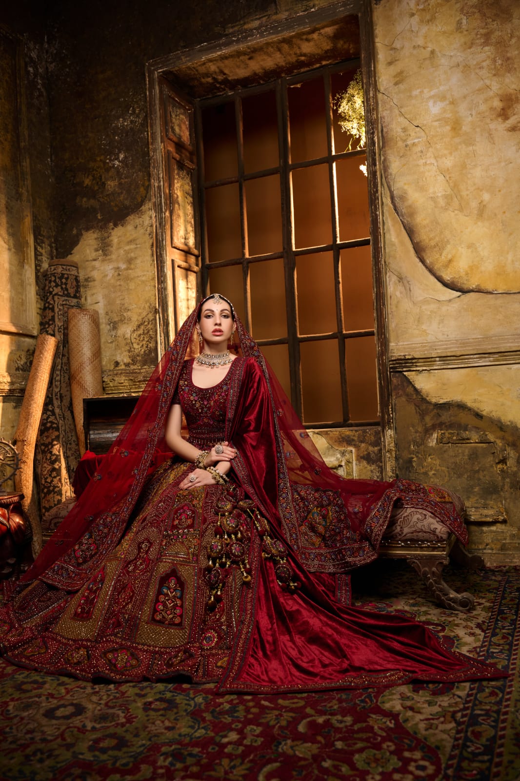 Deep Crimson Multicolor Embroidered Bridal Lehenga with Motif Work