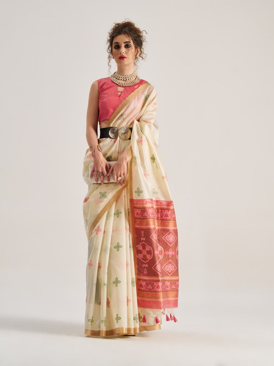 Off White Pure Soft Art Silk Handloom Bandhej Print Saree 