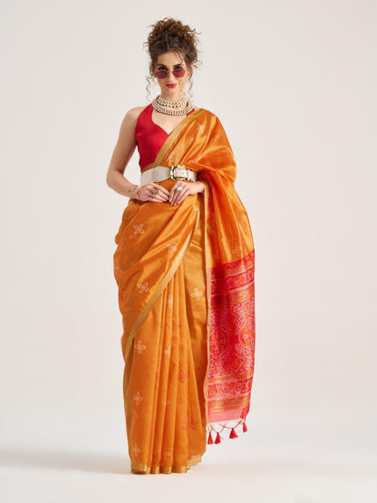 Orange Pure Soft Art Silk Handloom Bandhej Print Saree 