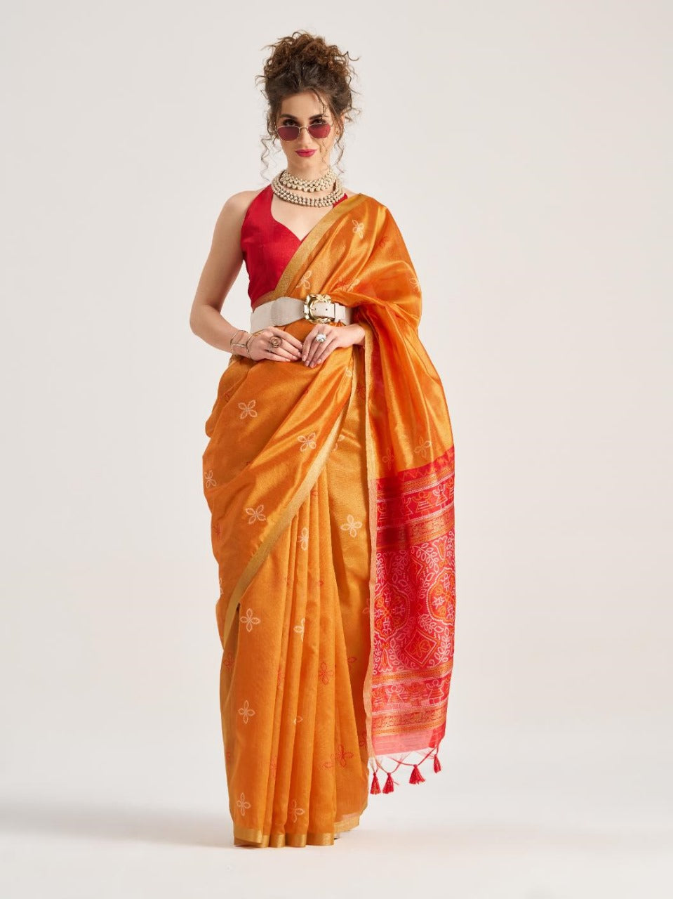 Orange Pure Soft Art Silk Handloom Bandhej Print Saree