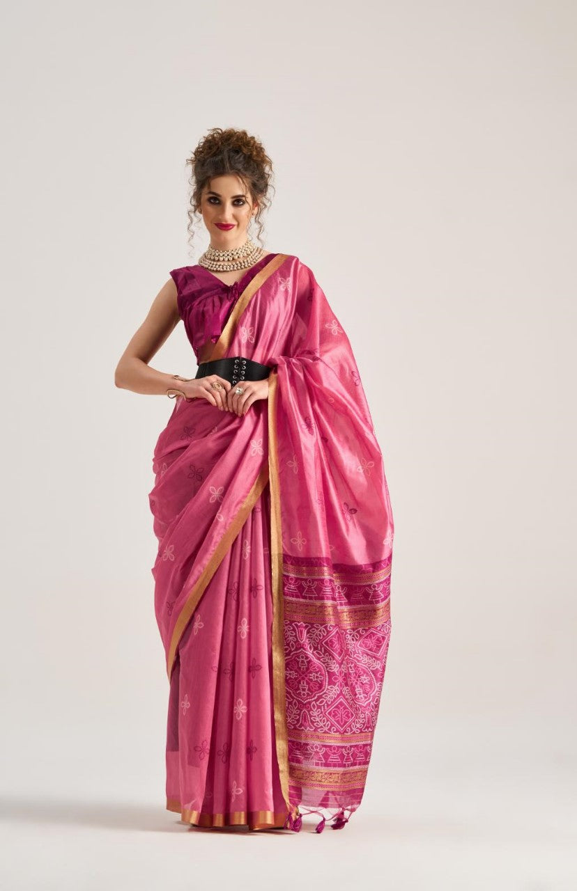 Pink Pure Soft Art Silk Handloom Bandhej Print Saree